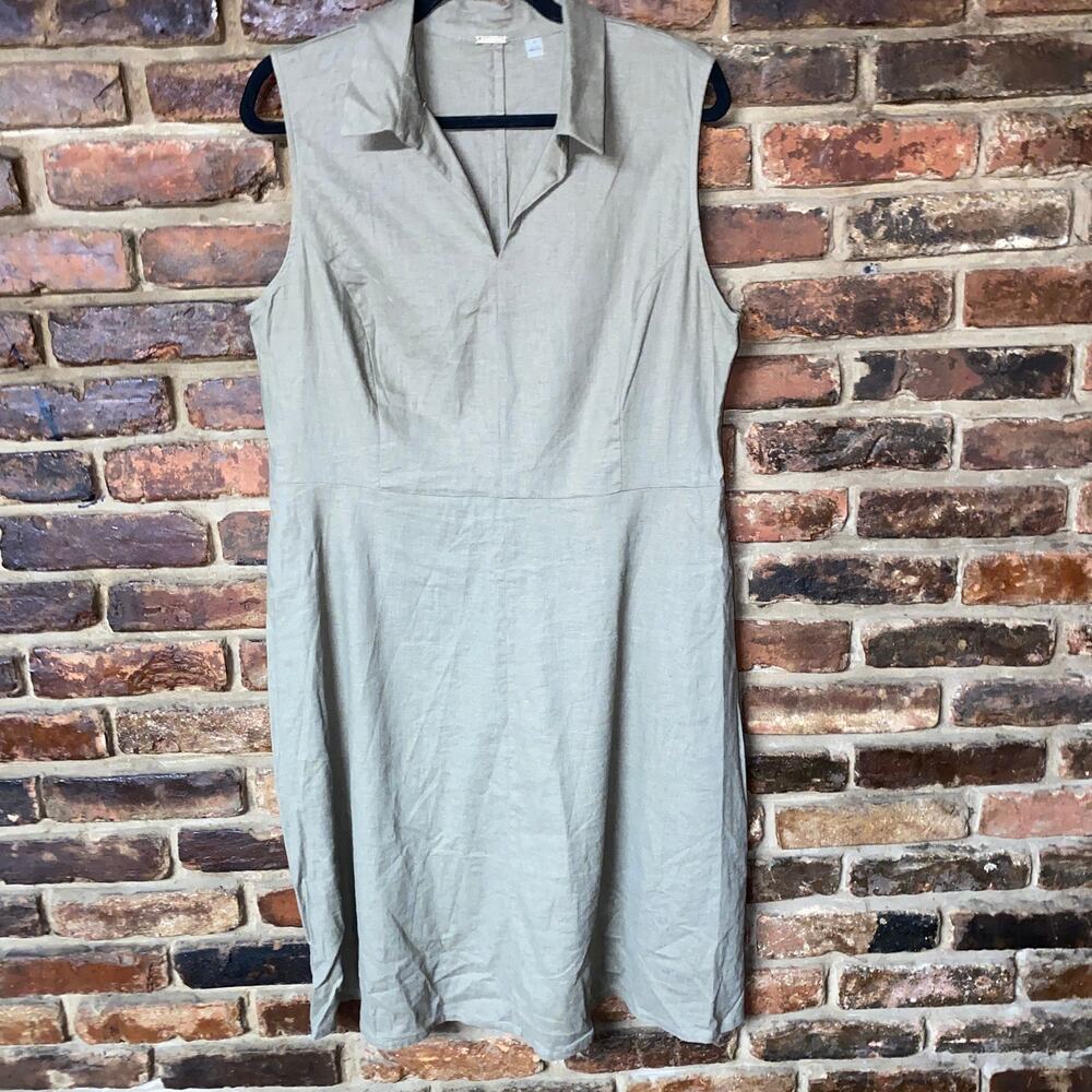 Tahari Olive Army Green Linen Sleeveless Collared A-Line Shirt Dress Women's 14